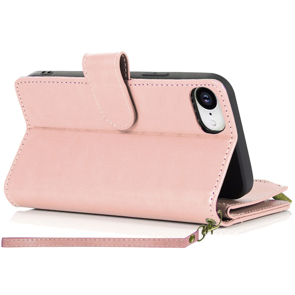 For Apple iPhone 16e Leather Wallet Case with Zipper, 9 Card Slots, Cash Pocket, Stand & Strap, Clutch Pouch Design Case Cover Rose Gold
