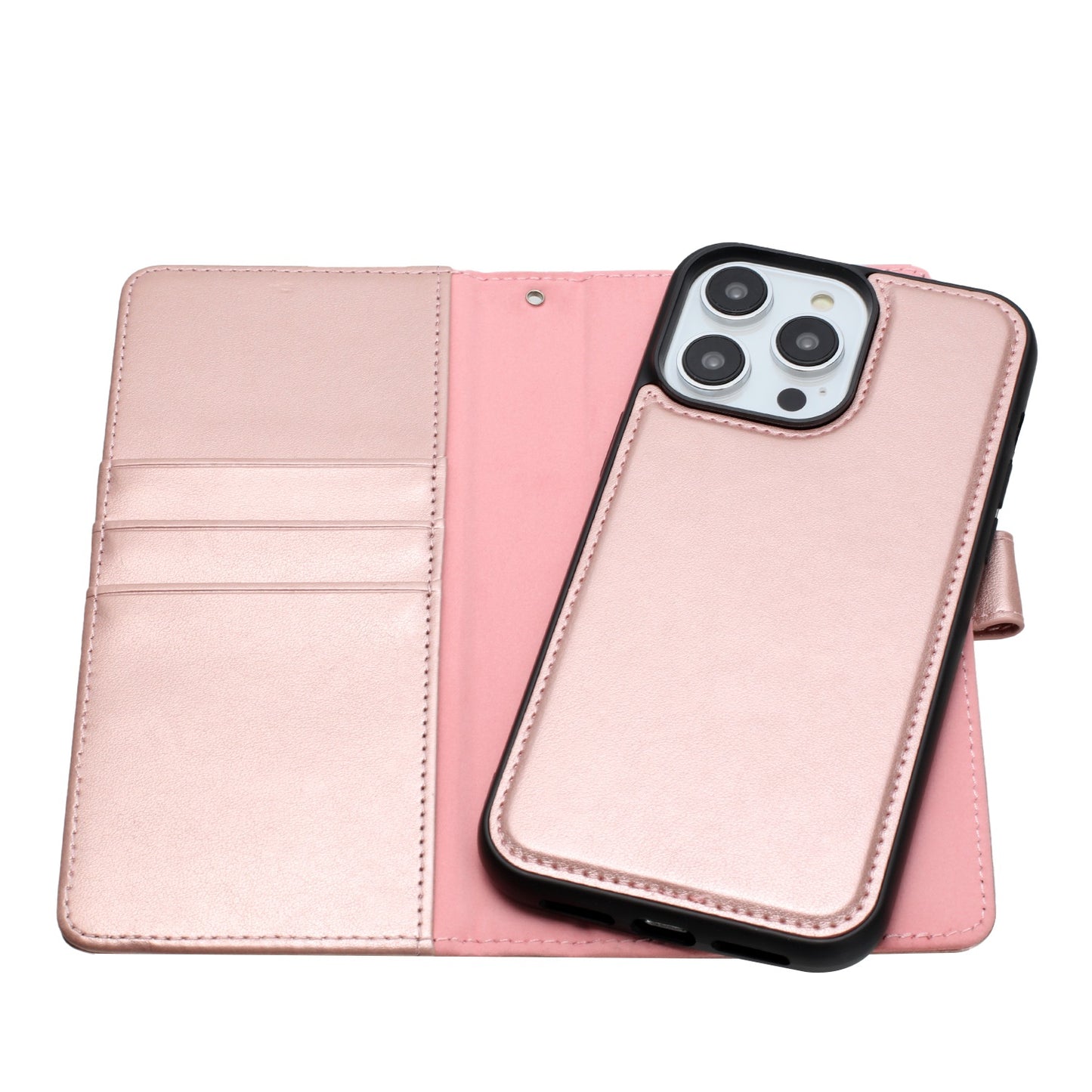 For Apple iPhone 16 Pro (6.3") Deattachable PU Leather Hybrid Wallet Money Credit Card Holder Support Magsafe Charger Case Cover Rose Gold