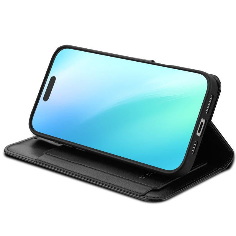 For Leather Wallet Folio Case with Credit Card Slots Pouch Cover for Apple iPhone 16 - Black Case Cover Black
