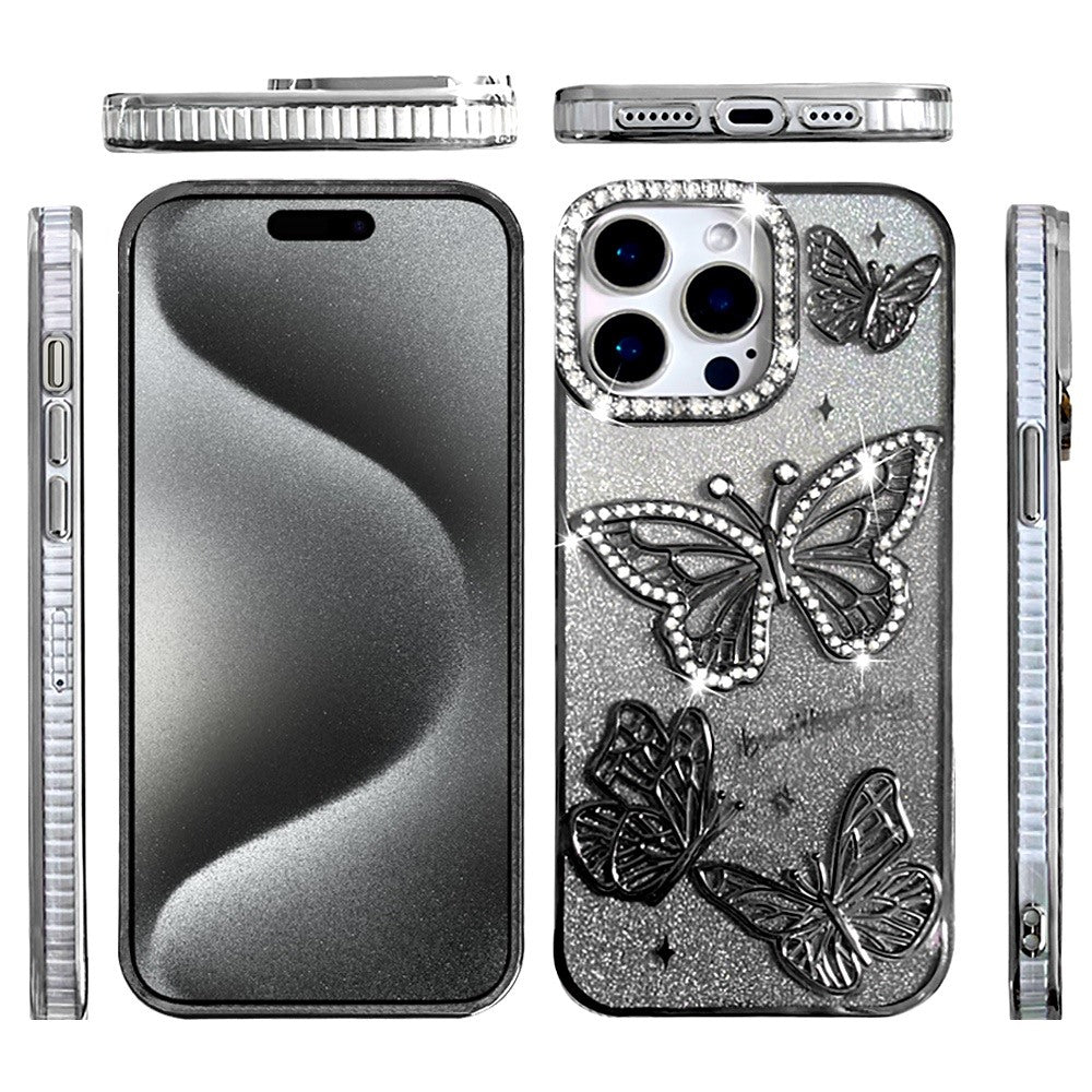 For Apple iPhone 15 Pro Max Luxury Butterfly Sparkle Glitter Diamond Crystal Rhinestone Shimmer Bling Plating Thick TPU Hard PC Case Cover