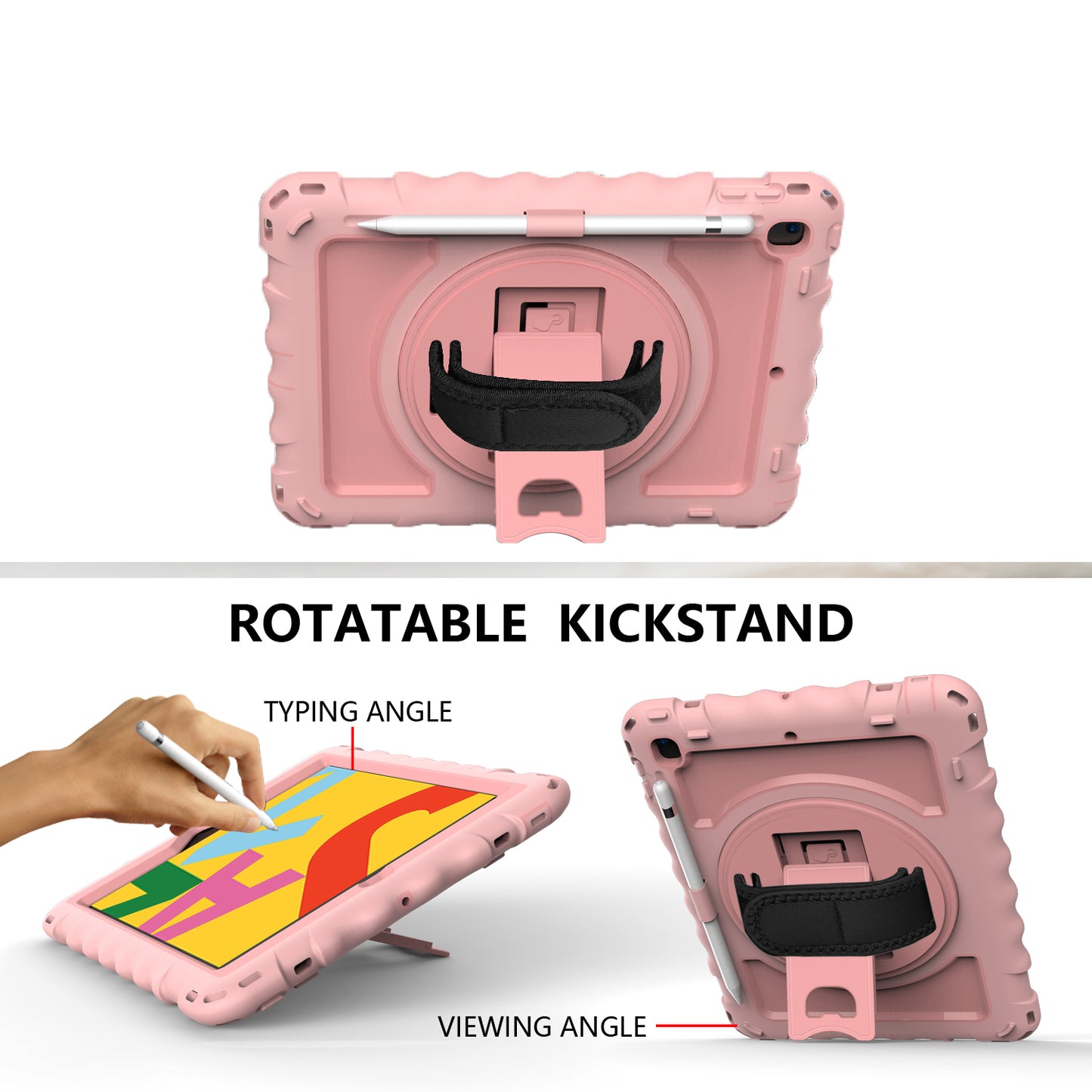 For Hybrid 3in1 Armor Rugged with Built-in Kickstand 360° Rotatable Stand & Shoulder Hand Strap Corner Shockproof Rose Gold Tablet Case Cover