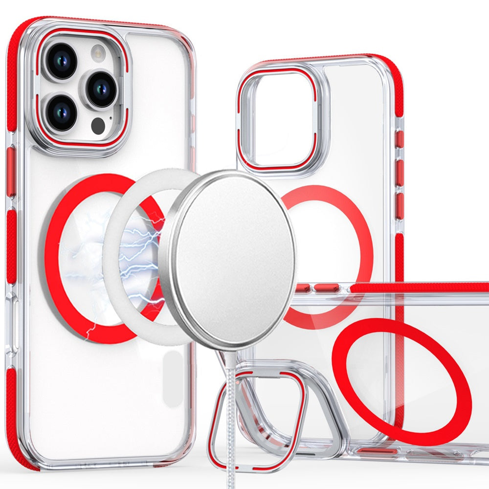For Samsung Galaxy A17 5G Hybrid Clear Back Case with Invisible Camera Bracket Stand, MagSafe Magnetic Circle, Shockproof Color Frame Case Cover Red
