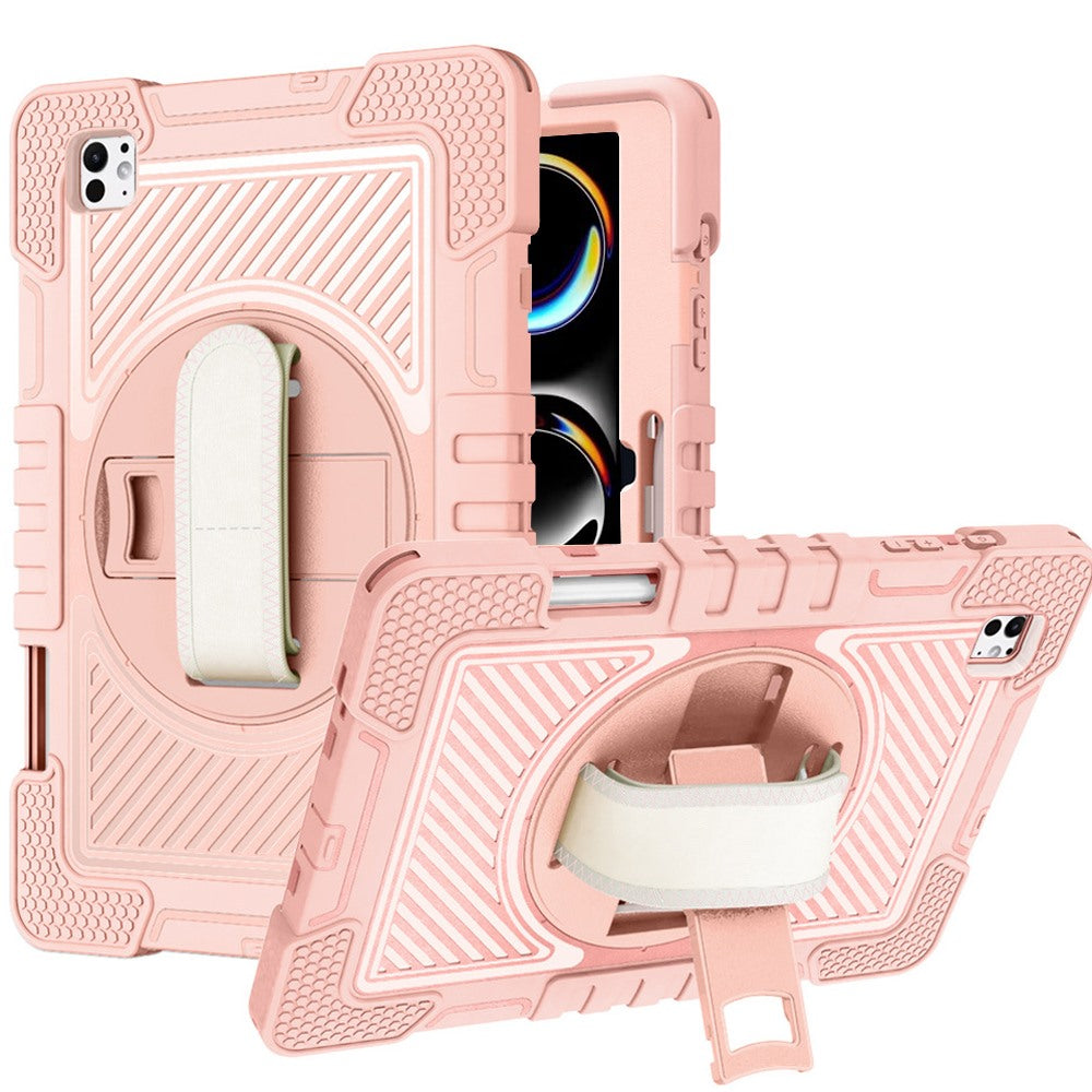 For Hybrid 3in1 Multi-Functional Shockproof Tablet Case with Hand, Shoulder Strap, Pencil & Stand Holder Rose Gold Tablet Case Cover