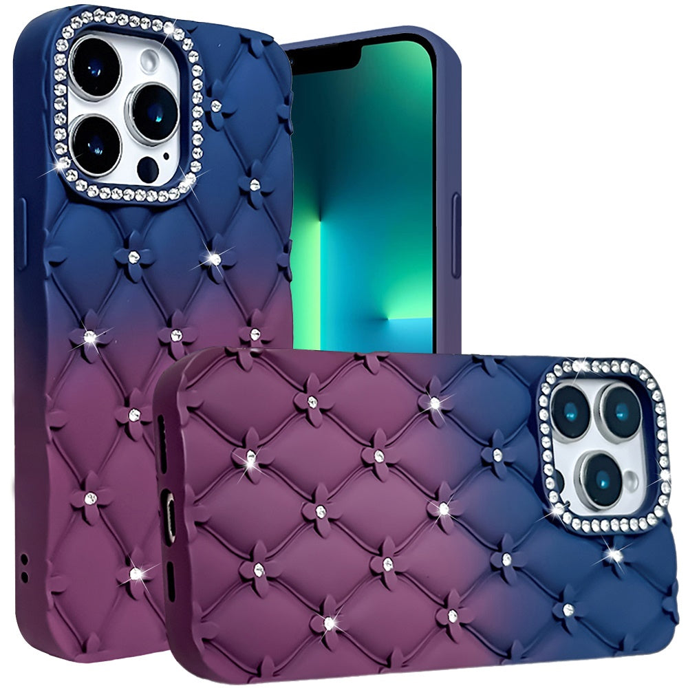 For Samsung Galaxy S25+ /S25 Plus /S24+ Plus Fashion Flower Design Sparkle Glitter Shimmer Rhinestone Bling Floral Accents, Leather Texture TPU Case Cover Dark Blue /Burgundy