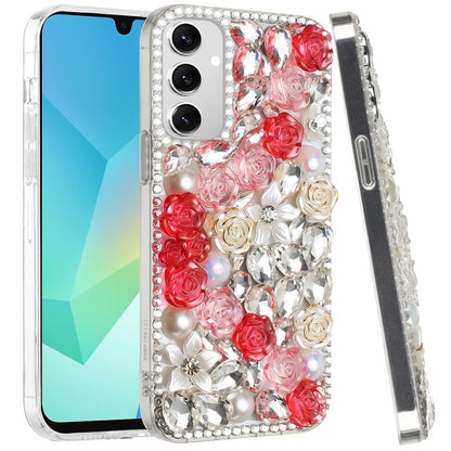 For Samsung Galaxy A16 5G Fashion Rose Flower Floral Bling Crystal 3D Full Diamonds Pearl Sparkle Rhinestone Glitter Hybrid Case Cover