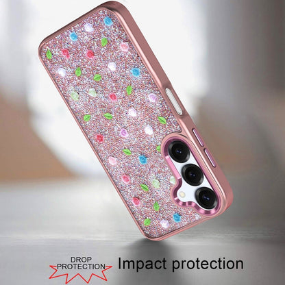 For Samsung Galaxy S25 Fan Edition /Galaxy S25 FE Floral Design Embedded Glass Diamond Fancy Fashion Glitter Bling Sparkly Hybrid Rugged TPU Bumper Case Cover