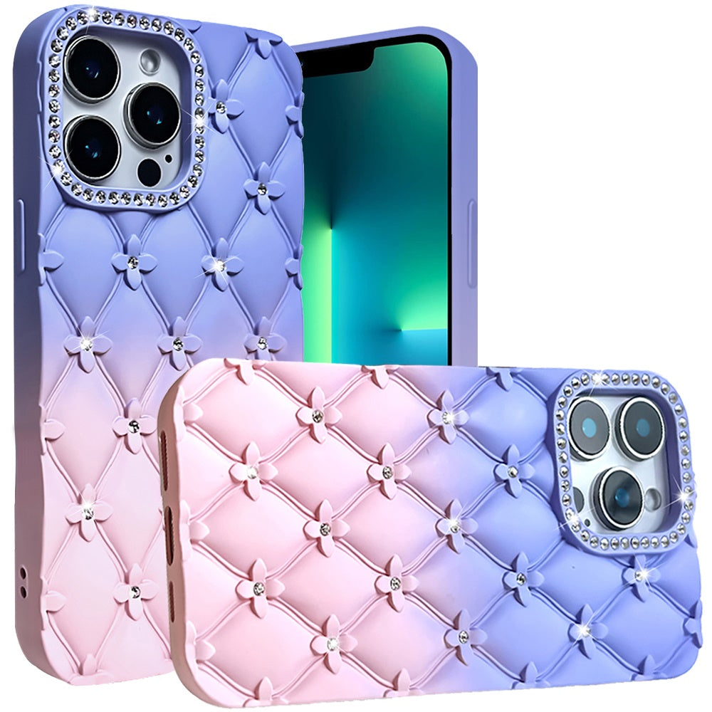 For Apple iPhone 11 Fashion Flower Design Sparkle Glitter Shimmer Rhinestone Bling Floral Accents, Leather Texture TPU Case Cover Light Blue /Light Pink