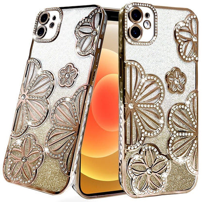 For Apple iPhone 16 Pro (6.3") Luxury Floral Design Sparkle Glitter Diamond Crystal Rhinestone Shimmer Bling Plating Thick TPU Hard PC Case Cover