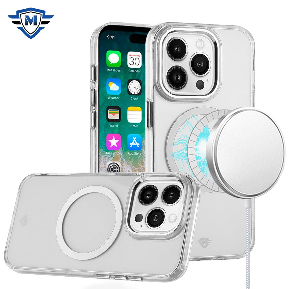 For Apple iPhone 16 Plus (6.7") Transparent Back Hybrid Case - Magnetic Circle, Color Frame, Metal Buttons, MagSafe Compatible Case Cover