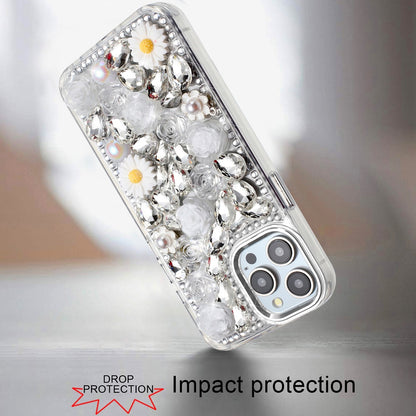 For Samsung Galaxy A17 5G Fashion Daisy Floral Series, Full 3D Bling Crystal Diamonds Sparkling Rhinestone Glitter Hybrid Design Case Cover