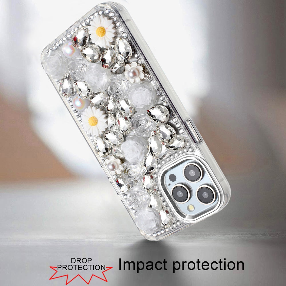 For Samsung Galaxy S25 Fan Edition /Galaxy S25 FE Fashion Daisy Floral Series, Full 3D Bling Crystal Diamonds Sparkling Rhinestone Glitter Hybrid Design Case Cover