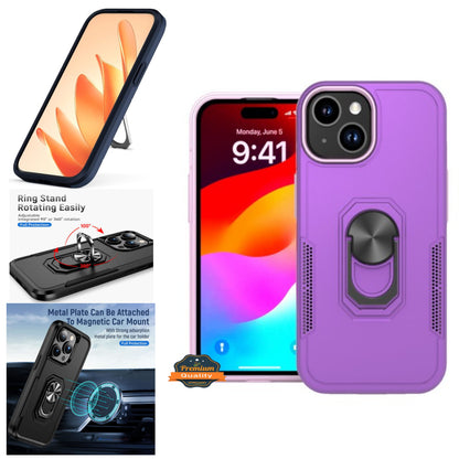 For Apple iPhone 15 Pro 6.1" Military Grade Armor Heavy Shockproof Hybrid Kickstand Built-in 360°Rotate Ring Stand Purple Phone Case Cover