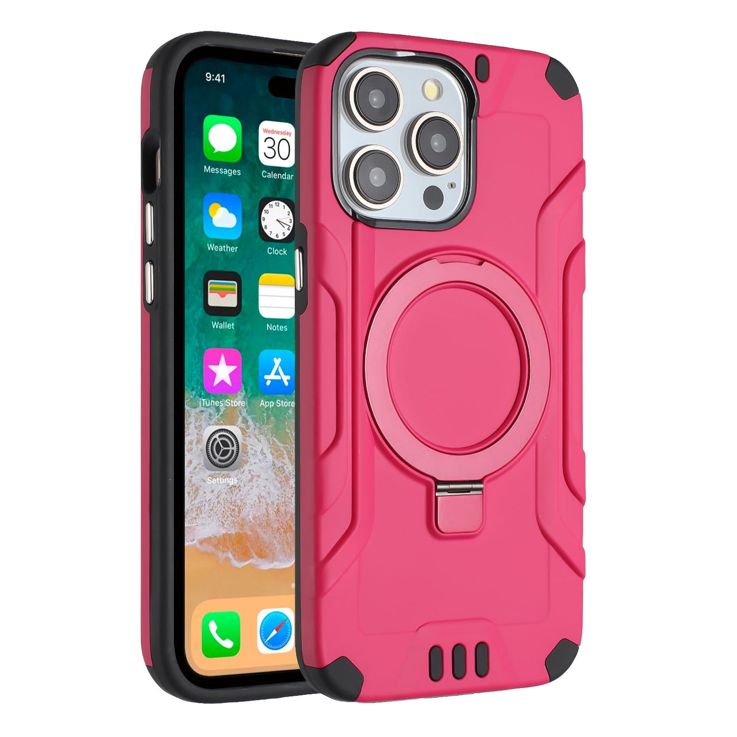 For Apple iPhone 15 /6.1" Brushed Armor Rugged Hybrid with Invisible Magnetic Circle Kickstand Shockproof Hard PC Protective Case Cover -