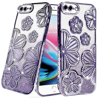 For Apple iPhone SE 3 (2022) SE/8/7 Luxury Floral Design Sparkle Glitter Diamond Crystal Rhinestone Shimmer Bling Plating Thick TPU Hard PC Case Cover