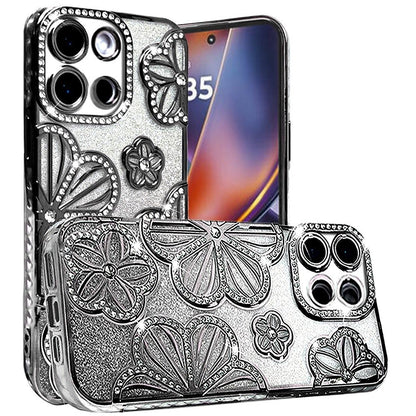 For Motorola Edge 2025 Luxury Flower Design Sparkle Glitter Diamond Rhinestone Shimmer Bling Plating Thick TPU Hard PC Case Cover