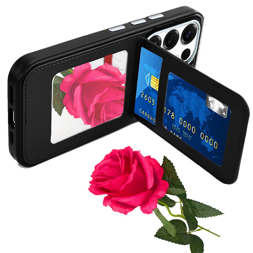 For Apple iPhone 15 Pro Max PU Leather Wallet Cover with Credit Card Holder, Kickstand & Mirror Inside Slim Fit TPU & PC Hybrid Design Case Cover