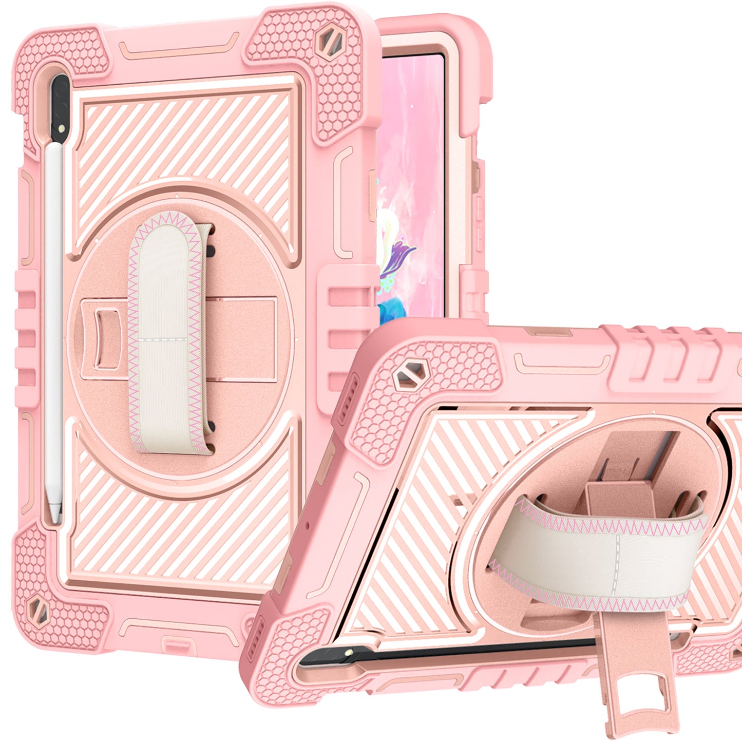 For Hybrid 3in1 Multi-Functional Shockproof Tablet Case with Hand, Shoulder Strap, Pencil & Stand Holder Rose Gold Tablet Case Cover