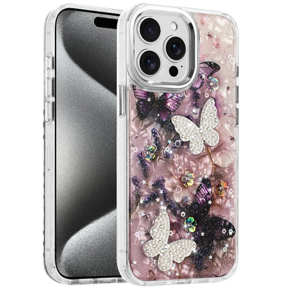 For Apple iPhone 14 Pro Max Epoxy Glitter Flowers Bling 3D Butterfly Fashion TPU Hybrid with Shockproof Protection Case Cover