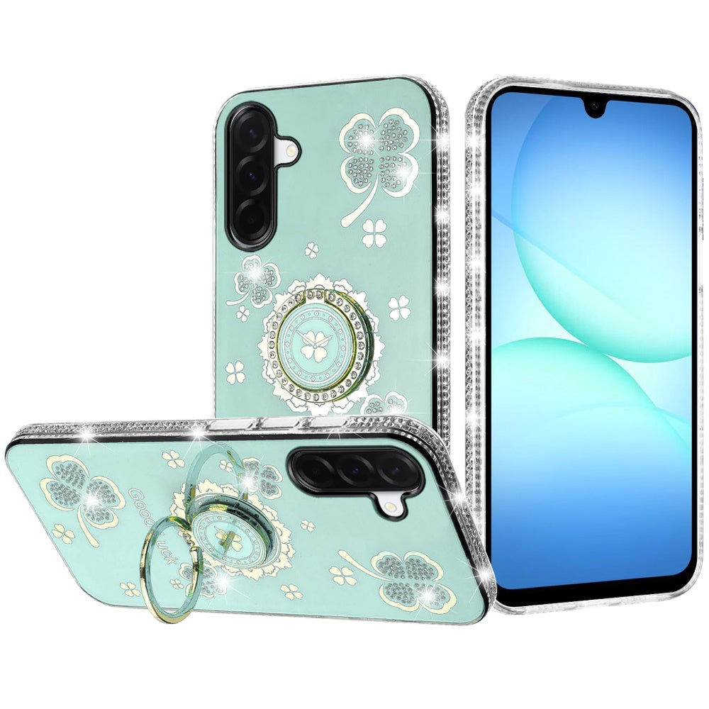 For Samsung Galaxy S25 Fan Edition /Galaxy S25 FE Diamonds Bling All Around Edges Sparkly Glitter Hybrid with Ring Stand Holder Fashion Good Luck Case Cover Teal