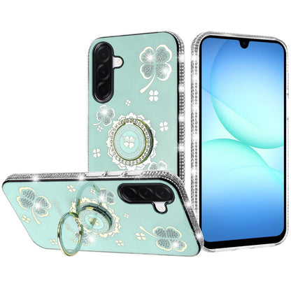 For Samsung Galaxy S25 Fan Edition /Galaxy S25 FE Diamonds Bling All Around Edges Sparkly Glitter Hybrid with Ring Stand Holder Fashion Good Luck Case Cover Teal