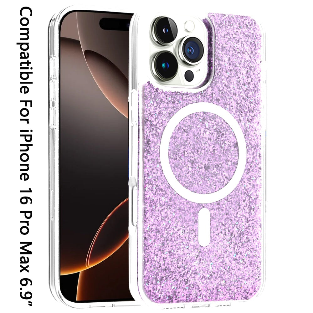 For Apple iPhone 16 Pro Max (6.9") Magnetic MagSafe Wireless Compatible Epoxy Glitter Shiny Sparkle Bling Hybrid Slim PC + TPU Frame Case Cover
