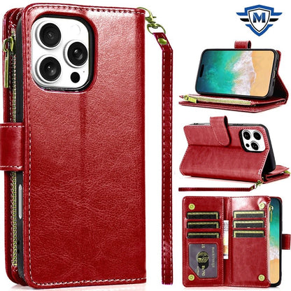 For Apple iPhone 16 (6.1") Premium Leather Zipper Wallet with Credit Card Slots Money Pocket Luxury Clutch Pouch Stand & Strap Case Cover Red