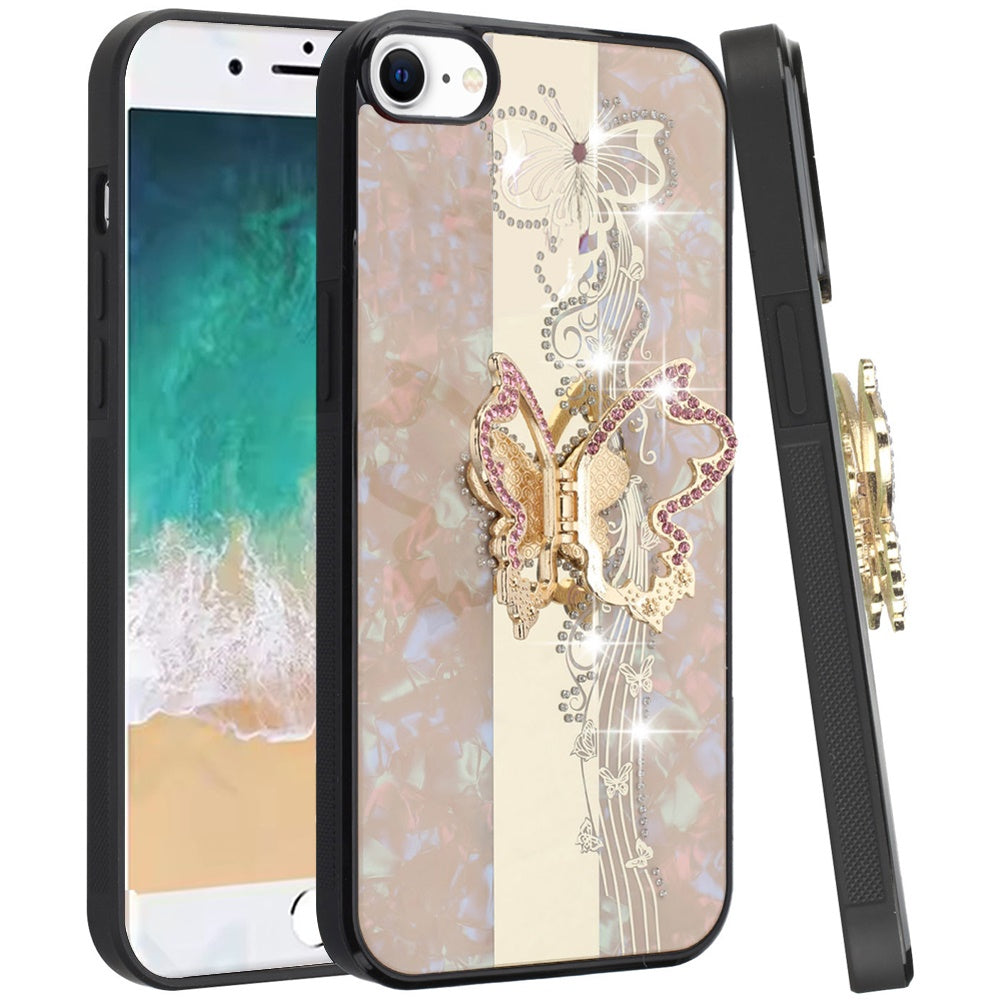 For Apple iPhone SE 4 Diamonds 3D Butterfly Bling Sparkly Glitter Ornaments Engraving Hybrid with Stand Fashion Case Cover Enchanted Butterfly Gold