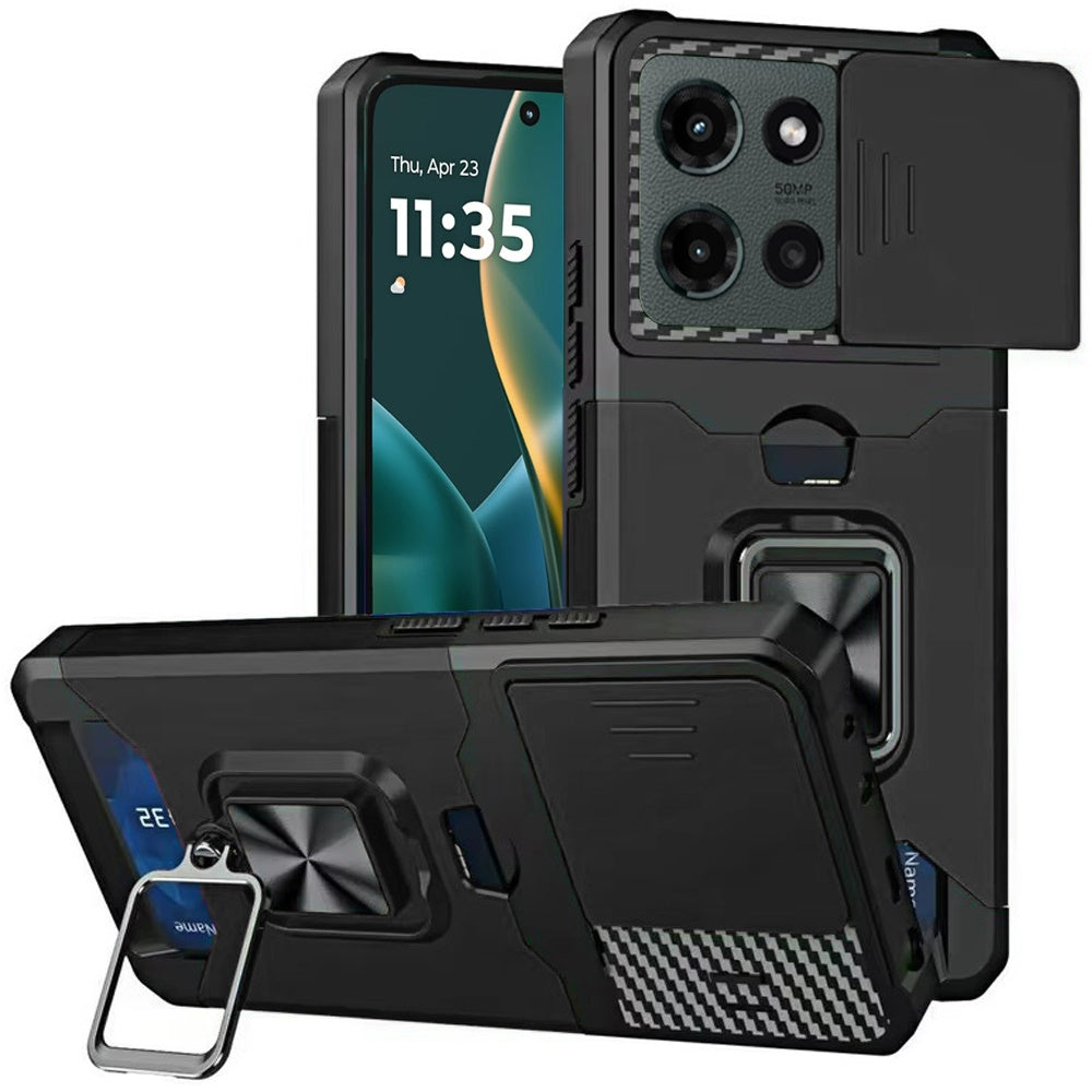 For Motorola Moto G Stylus 5G 2025 Wallet Case with Ring Stand & Slide Camera Cover Back Credit Card Slot Holder, Military Grade Case Cover