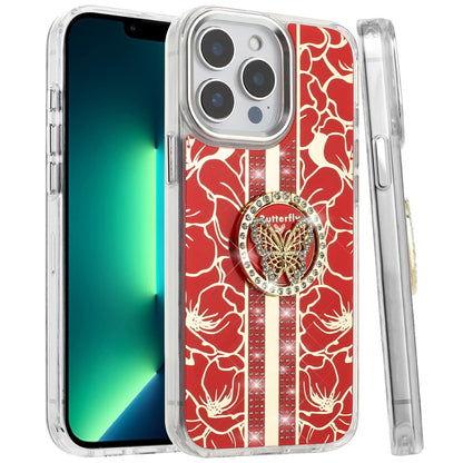 For Apple iPhone 15 Pro Max Diamonds 3D Butterfly Floral Design Bling Sparkly Glitter Hybrid Metal Fashion with Ring Stand Case Cover