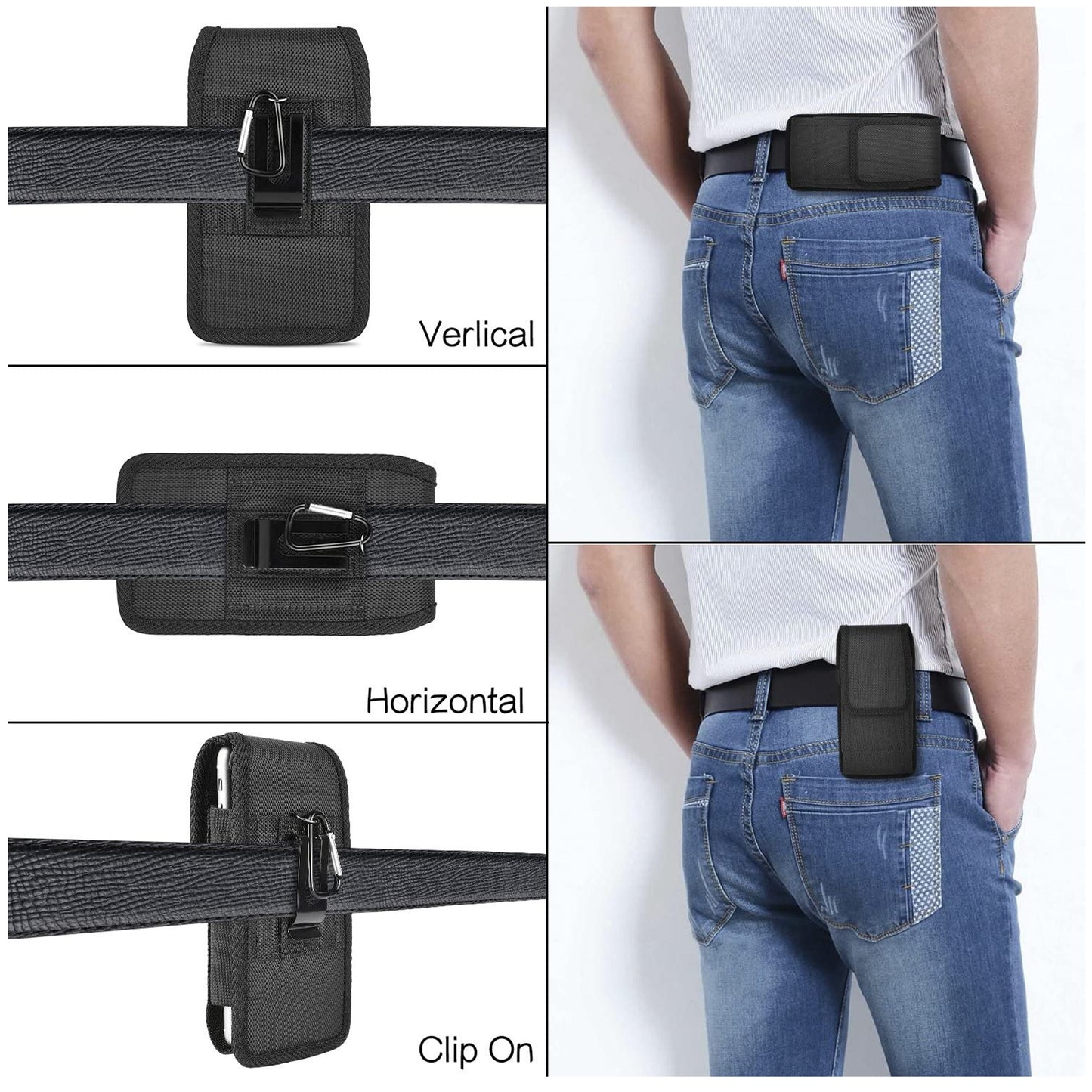 For Apple iPhone 16 (6.1") Nylon Canvas Fabric Waist Belt Holster Vertical Pouch Holds Large Phone Works with Thick Cases Universal Cover [Black]