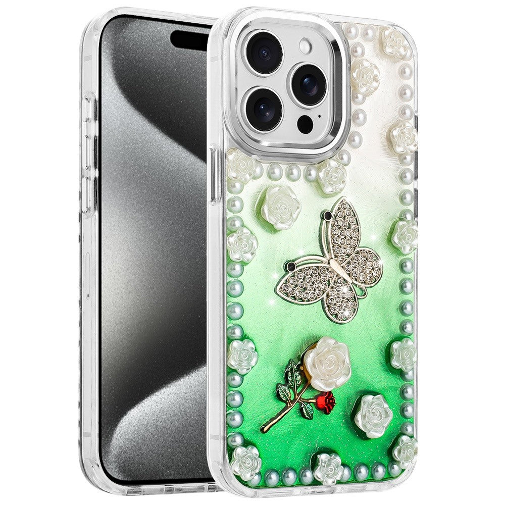 For Apple iPhone 15 Pro Max Bling Fashion Design with 3D Pearls Epoxy Glitter Ornaments Chrome Edge Hard Slim PC Case Cover