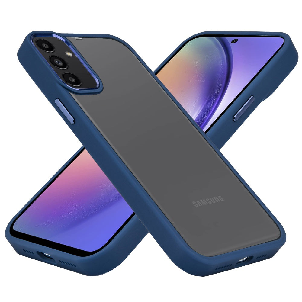 For Samsung Galaxy A17 5G Slim Fit Hybrid Transparent Thick Acrylic with Metal Buttons Frame Protective Hard PC + TPU Shockproof Case Cover Blue