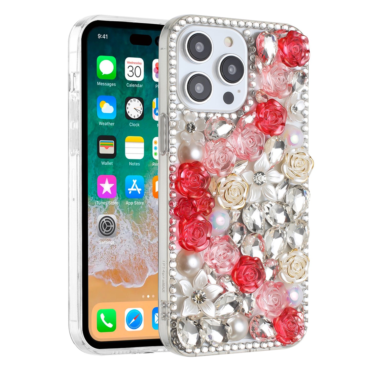 For Samsung Galaxy S24 Fan Edition /Galaxy S24 FE Fashion Rose Flower Floral Bling Crystal 3D Full Diamonds Pearl Sparkle Rhinestone Glitter Hybrid Case Cover Red