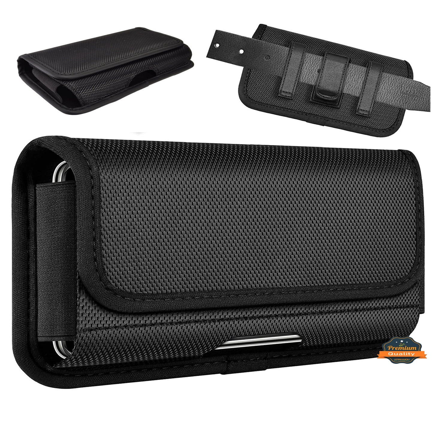 For Apple iPhone 16 Plus (6.7") Pouch Case Universal Horizontal Canvas with Belt Clip Loop Holster Military Grade Cell Phone Holder Cover [Black]