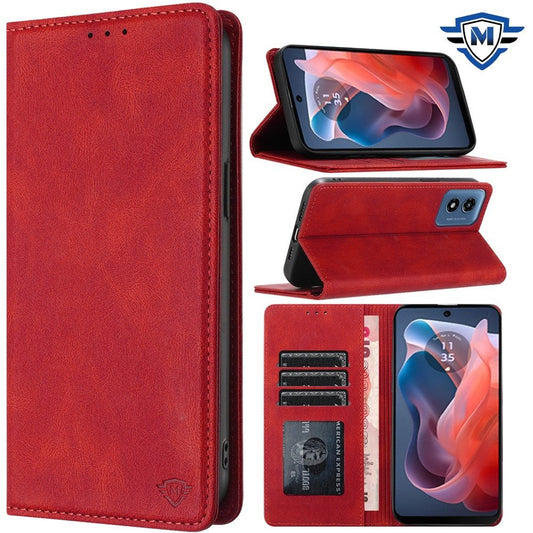 For Apple iPhone 16 (6.1") Premium Wallet PU Vegan Leather ID Credit Card Slot Money Holder with Magnetic Closure Pouch Flip Case Cover Red