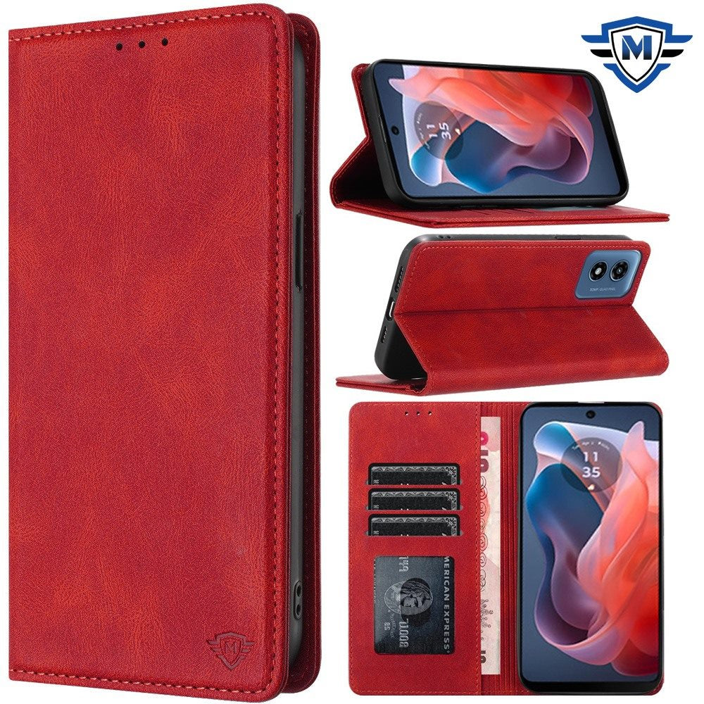 For Apple iPhone 16 Pro (6.3") Premium Wallet PU Vegan Leather ID Credit Card Slot Money Holder with Magnetic Closure Pouch Flip Case Cover Red