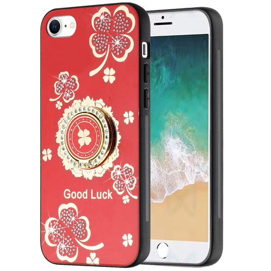 For Apple iPhone SE 4 Diamonds 3D Fashion Floral Bling Sparkly Glitter Ornaments Engraving Hybrid with Ring Stand Case Cover Red Good Luck Floral