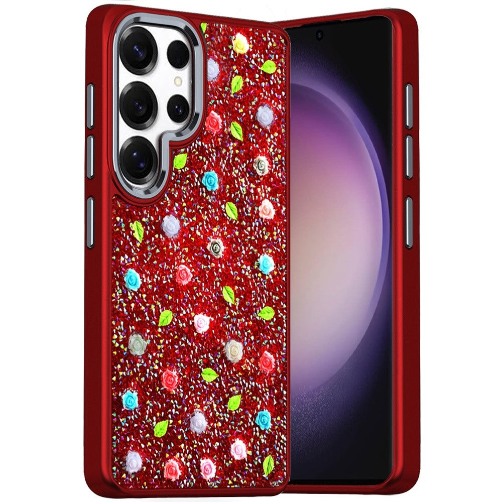 For Apple iPhone 15 Floral Design Embedded Glass Diamond Fancy Fashion Glitter Bling Sparkly Hybrid Rugged TPU Bumper Case Cover Red
