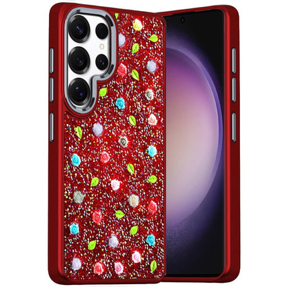 For Apple iPhone 15 Floral Design Embedded Glass Diamond Fancy Fashion Glitter Bling Sparkly Hybrid Rugged TPU Bumper Case Cover Red