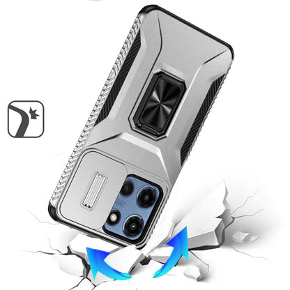 For Motorola Moto G Stylus 5G 2025 Case, Camera Cover with Magnetic Rotation Ring Stand, Military Grade Hybrid Hard TPU Shockproof Case Cover Silver
