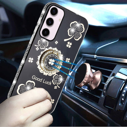 For Samsung Galaxy S23 Ultra Diamonds Bling All Around Edges Sparkly Glitter Hybrid Ring Stand Holder Fashion Good Luck Case Cover