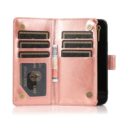 For Motorola Edge 2025 Leather Wallet Case with Zipper, 9 Card Slots, Cash Pocket, Stand & Strap, Clutch Pouch Design Case Cover Rose Gold