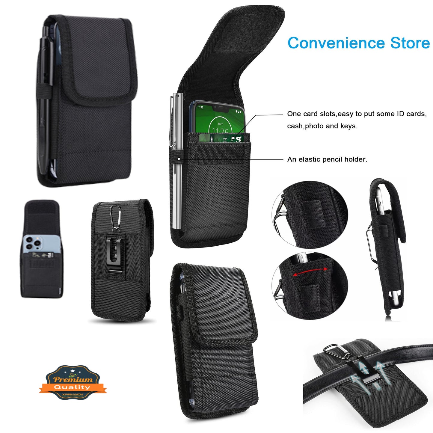 For Apple iPhone 16 Pro (6.3") Vertical Nylon Canvas Holster Universal Cell Phone Pouch Velcro Closure with Credit Card Slot & Belt Clip Loop Carabiner [Black]