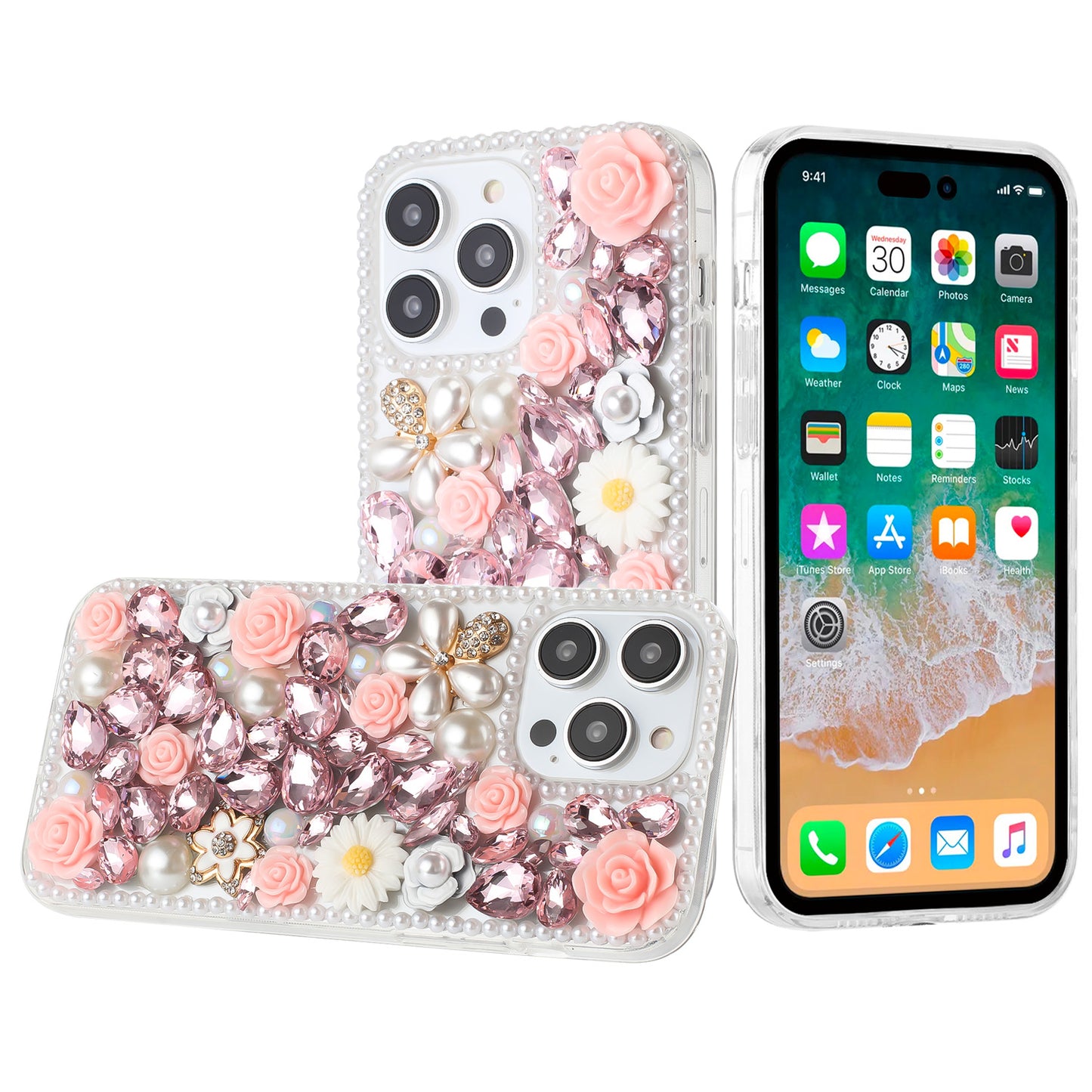 For Samsung Galaxy S24 Fan Edition /Galaxy S24 FE Fashion Rose Flower Floral Bling Crystal 3D Full Diamonds Pearl Sparkle Rhinestone Glitter Hybrid Case Cover Pink