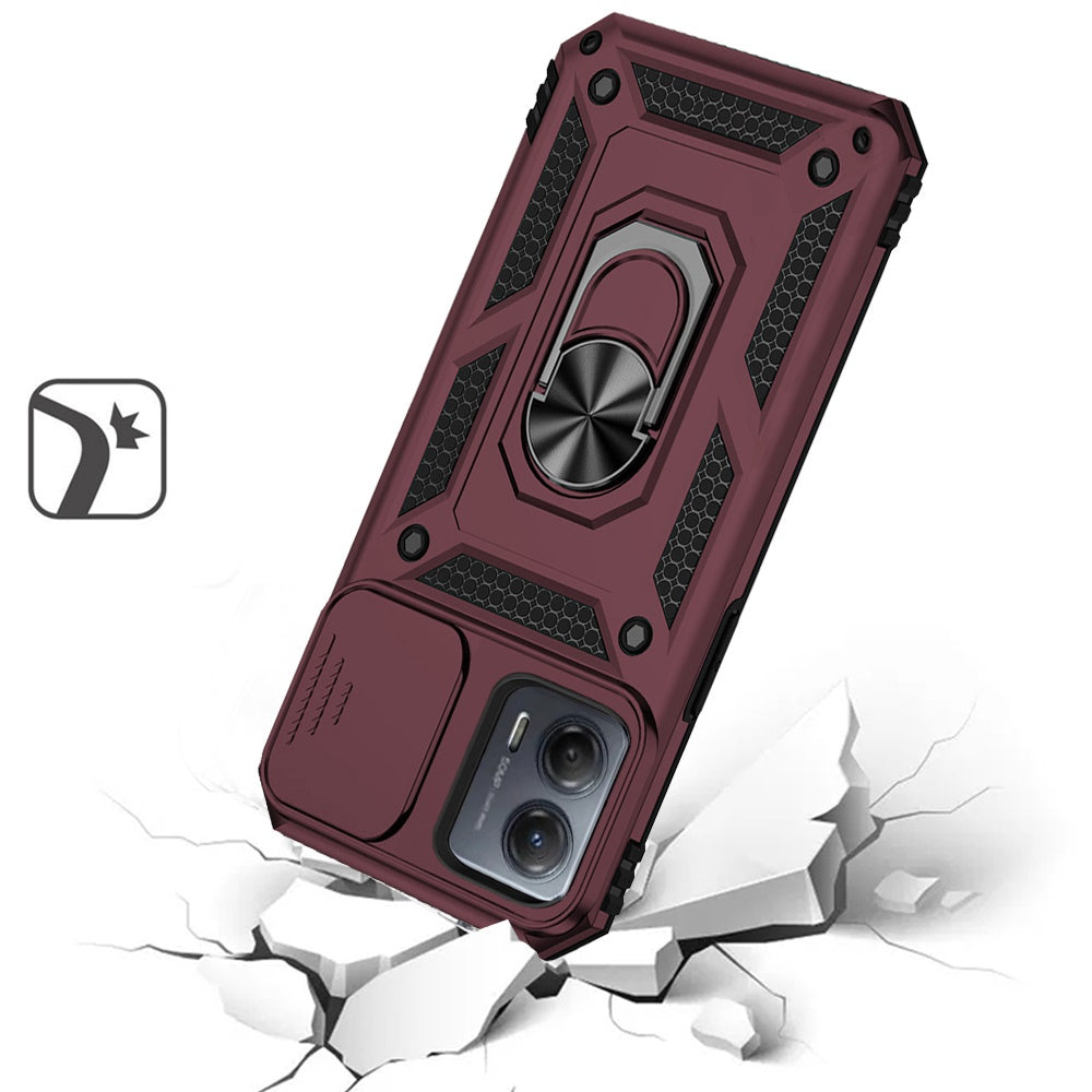 For Motorola Moto G 5G 2025 Hybrid Ring Shockproof with 360° Rotate Ring Kickstand, Camera Lens Protection, Soft Edge Bumper Case Cover Burgundy