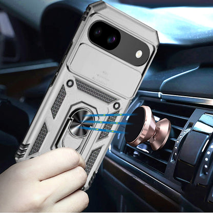 For Google Pixel 9A Hybrid Ring Shockproof with 360° Rotate Ring Kickstand, Camera Lens Protection, Soft Edge Bumper Case Cover