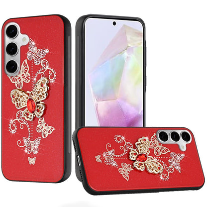 For Apple iPhone 16e Diamonds 3D Butterfly Bling Sparkly Glitter Ornaments Engraving Hybrid Metal Fashion Case Cover Red Garden Butterflies
