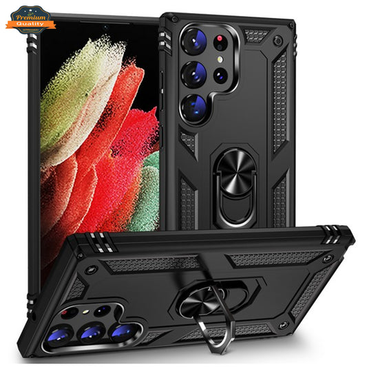 For Samsung Galaxy A32 Shockproof Hybrid Dual Layer PC + TPU with Metal Ring Kickstand Heavy Duty Armor Shell Case Cover Black