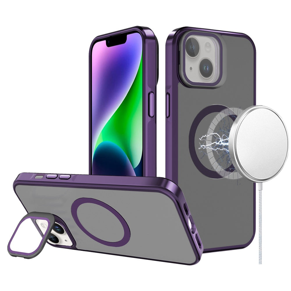 For Apple iPhone 15 Tough HQ Hybrid Case with Aluminum Frame Camera Stand, Compatible with MagSafe, Translucent Matte Shockproof Case Cover