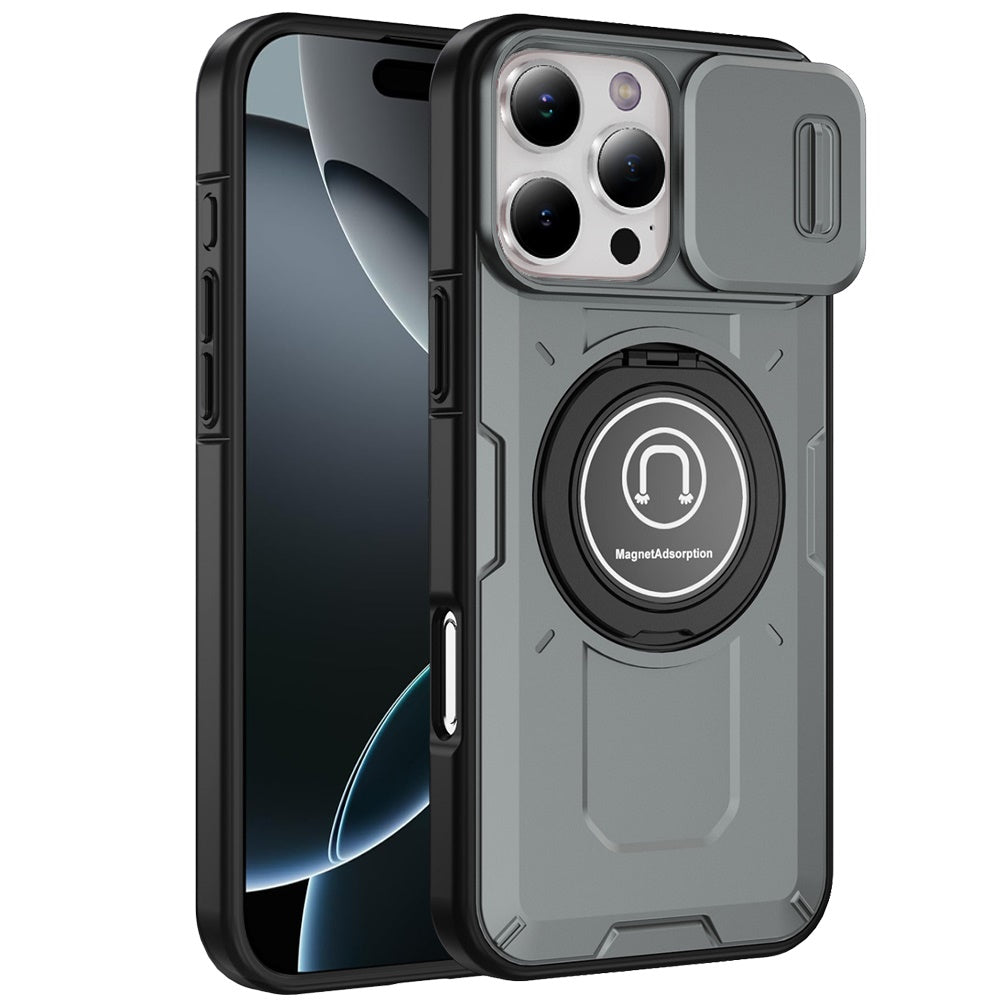 For Apple iPhone 16 Pro (6.3") Build in Invisible Magnetic Ring Stand with Slide Camera Protector, fit Magnetic Car Mount [Compatible with MagSafe] Case Cover